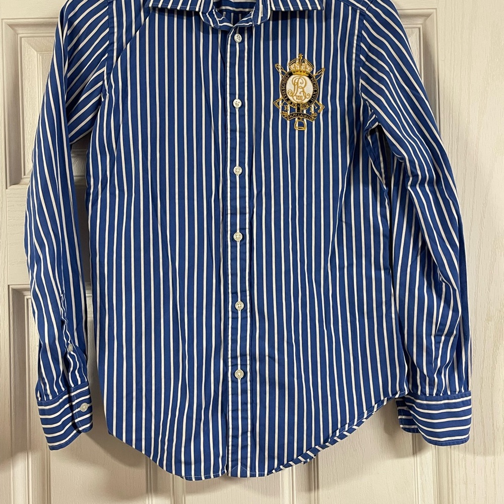 Ralph Lauren Sport Blue and White Striped Shirt with Logo Trim